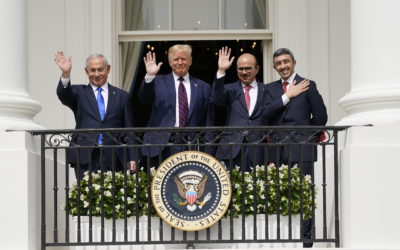 From left, Israeli Prime Minister Benjamin Netanyahu, US President Donald Trump, Bahrain Foreign Minister Khalid bin Ahmed Al Khalifa and United Arab Emirates Foreign Minister Abdullah bin Zayed al-Nahyan stand on the Blue Room Balcony during the Abraham Accords signing ceremony on the South Lawn of the White House, Tuesday, Sept. 15, 2020, in Washington. (AP Photo/Alex Brandon)