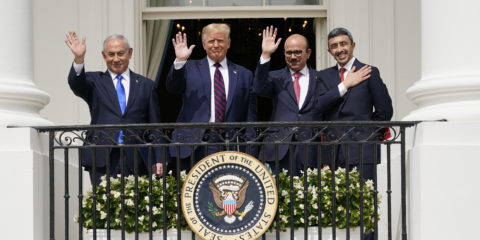 From left, Israeli Prime Minister Benjamin Netanyahu, US President Donald Trump, Bahrain Foreign Minister Khalid bin Ahmed Al Khalifa and United Arab Emirates Foreign Minister Abdullah bin Zayed al-Nahyan stand on the Blue Room Balcony during the Abraham Accords signing ceremony on the South Lawn of the White House, Tuesday, Sept. 15, 2020, in Washington. (AP Photo/Alex Brandon)