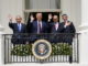 From left, Israeli Prime Minister Benjamin Netanyahu, US President Donald Trump, Bahrain Foreign Minister Khalid bin Ahmed Al Khalifa and United Arab Emirates Foreign Minister Abdullah bin Zayed al-Nahyan stand on the Blue Room Balcony during the Abraham Accords signing ceremony on the South Lawn of the White House, Tuesday, Sept. 15, 2020, in Washington. (AP Photo/Alex Brandon)