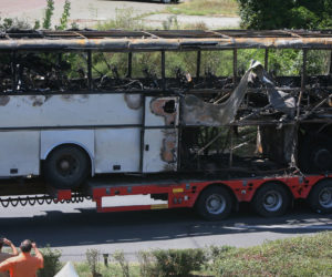 remains of the bus blown up by Hezbollah terrorists at Burgas airport, Bulgaria