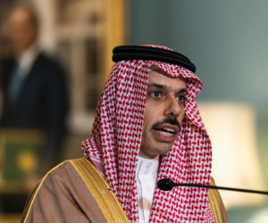 Saudi Foreign Minister Prince Faisal bin Farhan Al Saud speaks during his meeting with Secretary of State Mike Pompeo, at the State Department, Wednesday, Oct. 14, 2020, in Washington. (AP Photo/Pool/Manuel Balce Ceneta)