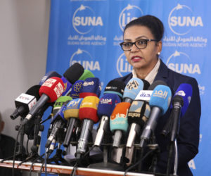 Sudanese Finance Minister Heba Mohamed Ali speaks during a press conference in Khartoum, Sudan, Tuesday Oct. 20, 2020. President Donald Trump on Monday said Sudan will be removed from the U.S. list of state sponsors of terrorism if it follows through on its pledge to pay $335 million to American terror victims and their families. (AP Photo/Marwan Ali)