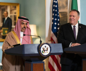In this Oct. 14, 2020 file photo, Secretary of State Mike Pompeo, right, listens to Saudi Minister of Foreign Affairs Prince Faisal bin Farhan Al Saud speak during their meeting at the State Department, in Washington. (AP Photo/Pool/Manuel Balce Ceneta)
