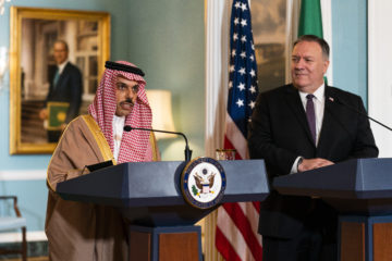 In this Oct. 14, 2020 file photo, Secretary of State Mike Pompeo, right, listens to Saudi Minister of Foreign Affairs Prince Faisal bin Farhan Al Saud speak during their meeting at the State Department, in Washington. (AP Photo/Pool/Manuel Balce Ceneta)