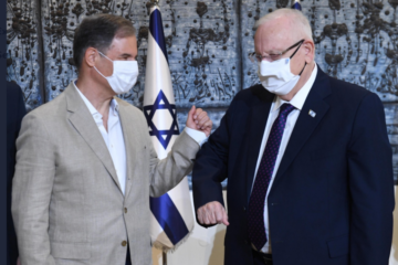 President Reuven Rivlin congratulates Eytan Stibbe, at a press conference in Jerusalem announcing that Stibbe will be Israel's second-ever astronaut, on November 16th, 2020. (Twitter/Reuven Rivlin/Screenshot)