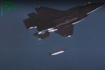 An F-35A fighter jet drops a B-61 nuclear gravity bomb over the Nevada desert in August 2020. (Twitter/Sandia National Laboratories/Screenshot)