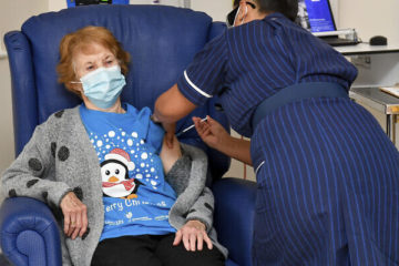 90-year-old Margaret Keenan at University Hospital in Coventry, England, Dec. 8, 2020. (Jacob King/Pool via AP)