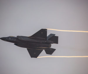An F-35 fighter jet flies over the Hatzerim Air Base in the Negev desert, December 26, 2018. (Flash90/Aharon Krohn/Flash90)
