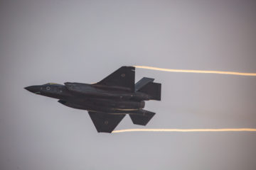 An F-35 fighter jet flies over the Hatzerim Air Base in the Negev desert, December 26, 2018. (Flash90/Aharon Krohn/Flash90)