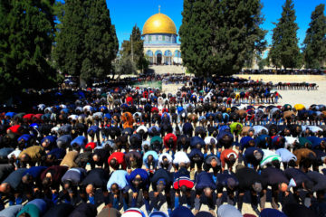 Muslims perform Friday prayers at the Al Aqsa Mosque compound, in Jerusalem's Old City, on February 28, 2020. (Flash90/Sliman Khader)