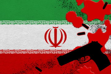 Iran flag and black firearm in red blood.
