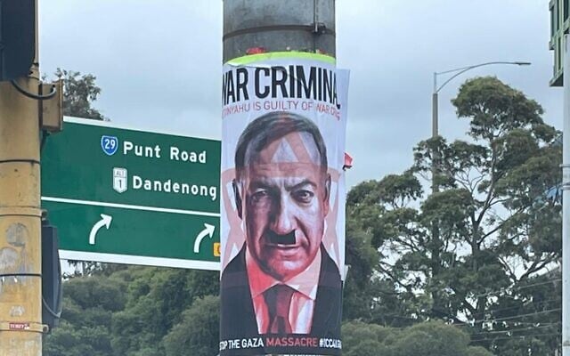 Posters depicting Netanyahu as Hitler appear in Australia