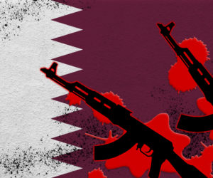 Qatar flag and two black AK-47 rifles in red blood.