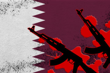 Qatar flag and two black AK-47 rifles in red blood.