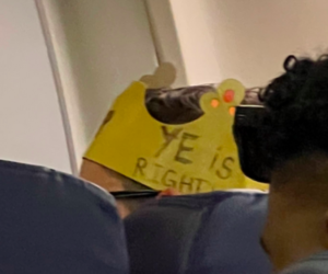 A Southwest Airlines passenger wearing a Burger King crown that states, "Ye is right." Credit: Twitter.