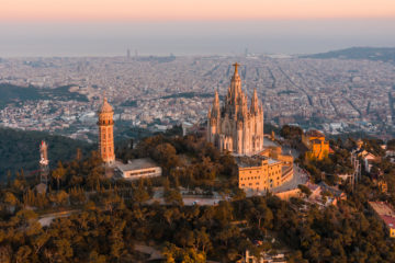 Aerial,View,Of,Barcelona,Skyline,With,Sagrat,Cor,Temple,During