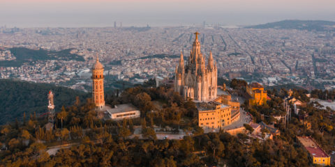 Aerial,View,Of,Barcelona,Skyline,With,Sagrat,Cor,Temple,During