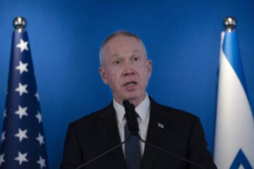 Israeli Minister of Defence Yoav Gallant speaks during a joint statement with his U.S. counterpart, Secretary of Defense Lloyd Austin following their meeting at Ben Gurion International Airport in Thursday, March 9, 2023. (AP Photo/Maya Alleruzzo)