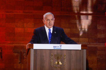 Israeli prime minister Benjamin Netanyahu speaks during a ceremony held at the Yad Vashem Holocaust Memorial Museum in Jerusalem, as Israel marks annual Holocaust Remembrance Day. April 17, 2023. Photo by Erik Marmor/Flash90