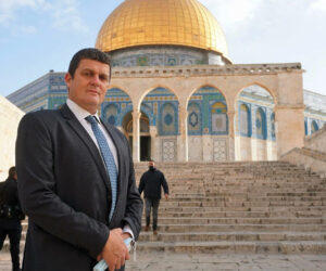 Likud MK Amit Halevi in front of the Dome of the Rock at the Temple Mount in Jerusalem.