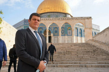 Likud MK Amit Halevi in front of the Dome of the Rock at the Temple Mount in Jerusalem.