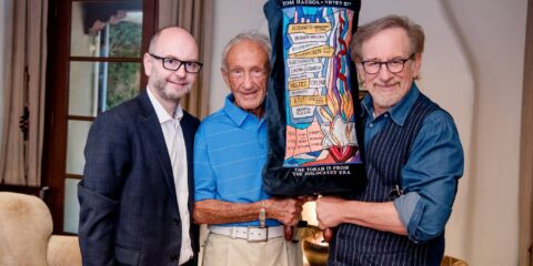 Former USC Shoah Foundation Executive Director Stephen Smith with survivor Edward Mosberg and Steven Spielberg