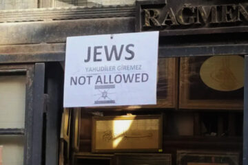An antisemitic sign displayed outside a bookshop in Istanbul, Turkey
