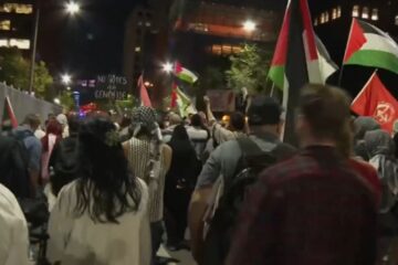 anti-Israel protest outside debate arena