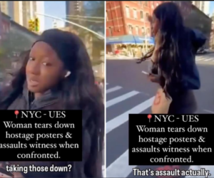 Nallah Sutherland, NYC diversity staffer, rips down hostage poster and attacks person filming, Nov 2024 (X screenshot)