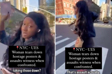 Nallah Sutherland, NYC diversity staffer, rips down hostage poster and attacks person filming, Nov 2024 (X screenshot)