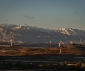 A station of wind turbines with snowy Mount Hermon in the background in the Golan Heights, November 26, 2024. Photo by Michael Giladi/ Flash90