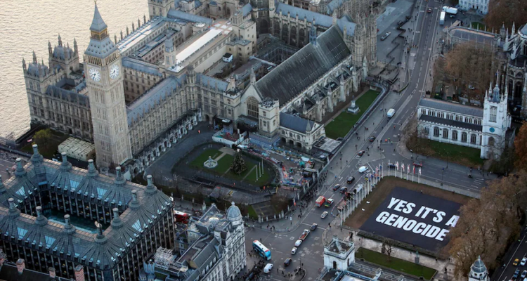 Anti-Israel protestors unfurl giant ‘genocide’ banner in Parliament Square